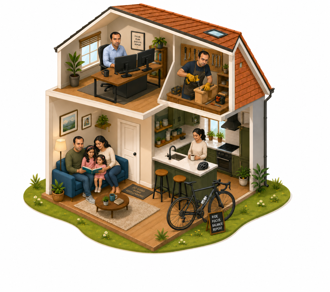 Isometric home illustration showing work, family, craft, and balance